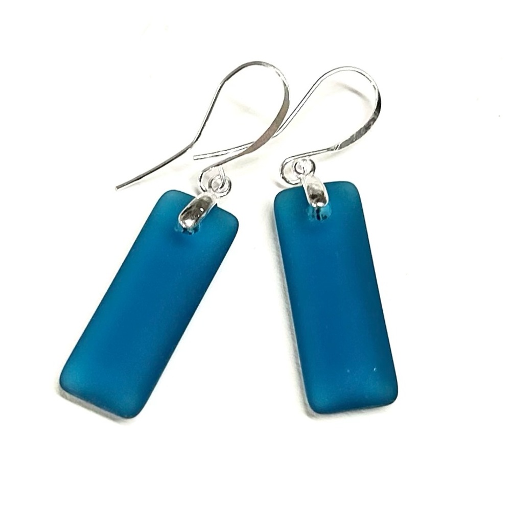 Long Teal Sea Glass Earrings Sterling Silver